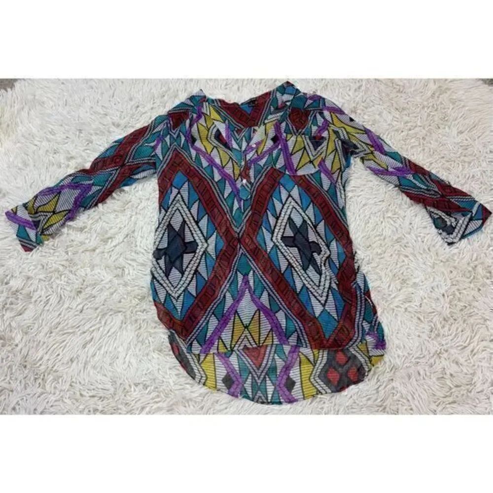 Purple, Turquoise, Black, Blue & Red Geometric Long Sleeve Blouse by Audrey Ann